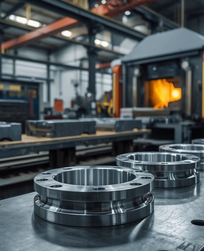 lucid-origin_Horizontal_wide_banner_industrial_metal_flange_manufacturing_workshop_raw_steel_-0